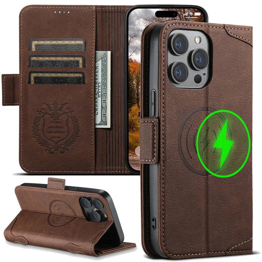 Luxury Vintage Leather Wallet Case for iPhone - MagSafe Compatible Wireless Charging, Card Holder Slots, Cash Pocket & Built-in Kickstand Cover
