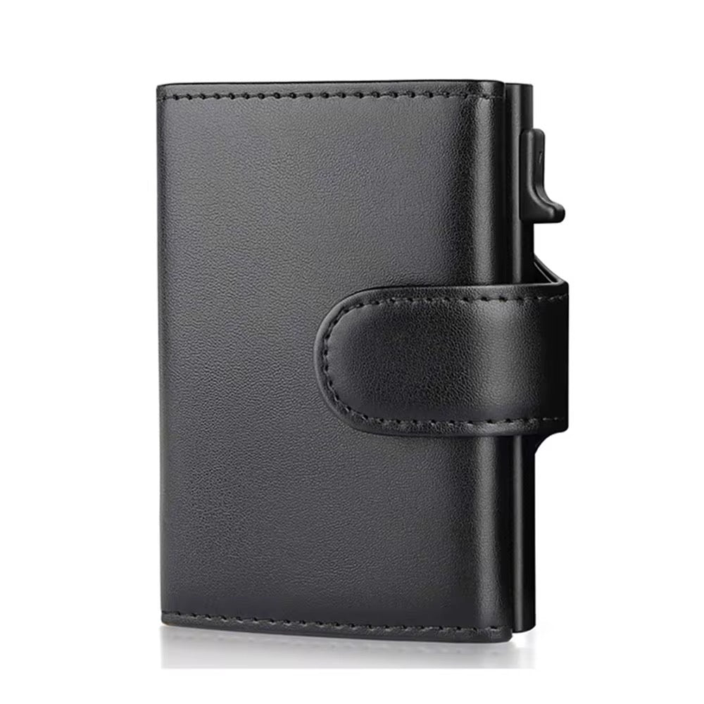 Slim Minimalist Leather Card Case – Pop-Up Credit Card Holder with RFID Protection & Button Closure