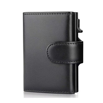 Slim Minimalist Leather Card Case – Pop-Up Credit Card Holder with RFID Protection & Button Closure