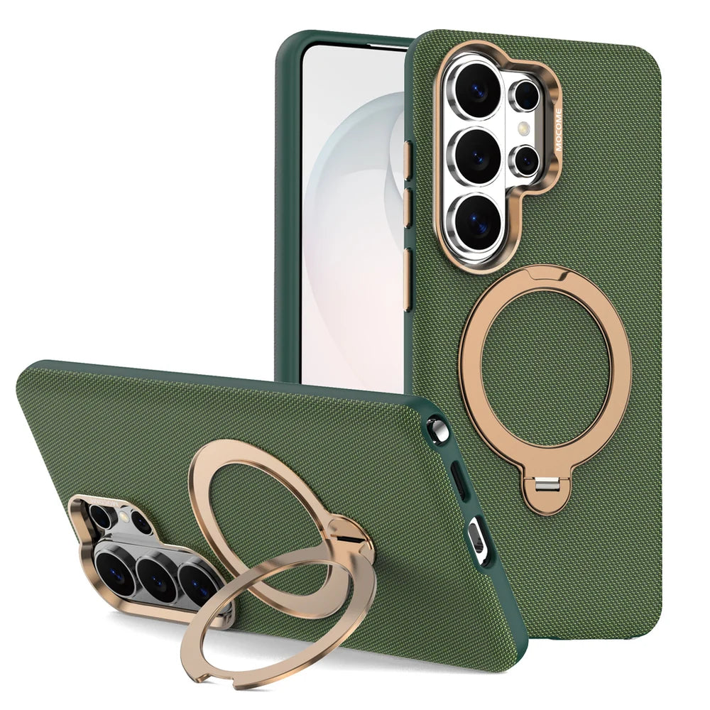 Luxury Textured Leather Magnetic Kickstand Case for Samsung Galaxies series — Built-in 360° Rotating Ring Stand & Metallic Camera Lens Guard