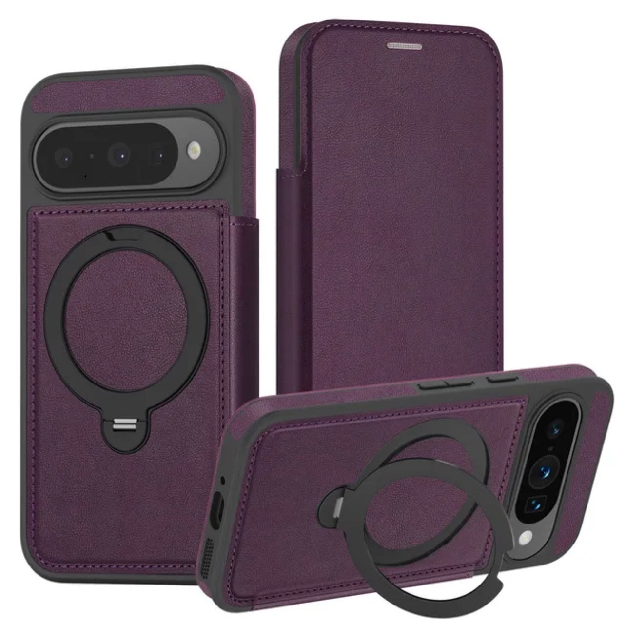 Premium Dual-Sided Leather Wallet Case with 360° Magnetic Ring Stand for Google Pixel