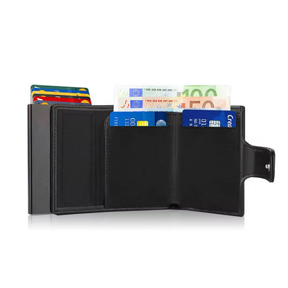 Slim Minimalist Leather Card Case – Pop-Up Credit Card Holder with RFID Protection & Button Closure