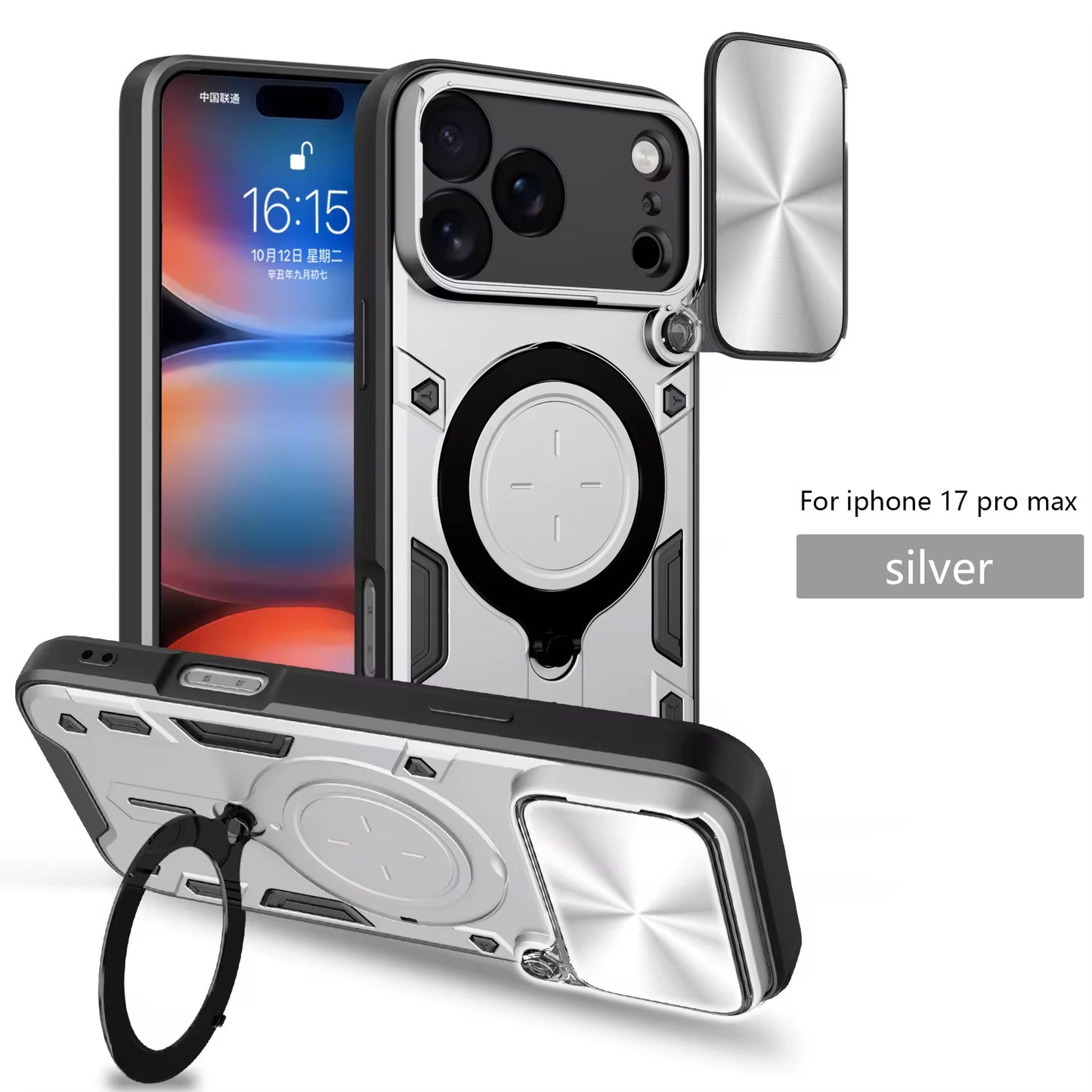 Magnetic Rugged iPhone Case with Camera Lens Cover & 360° Ring Stand
