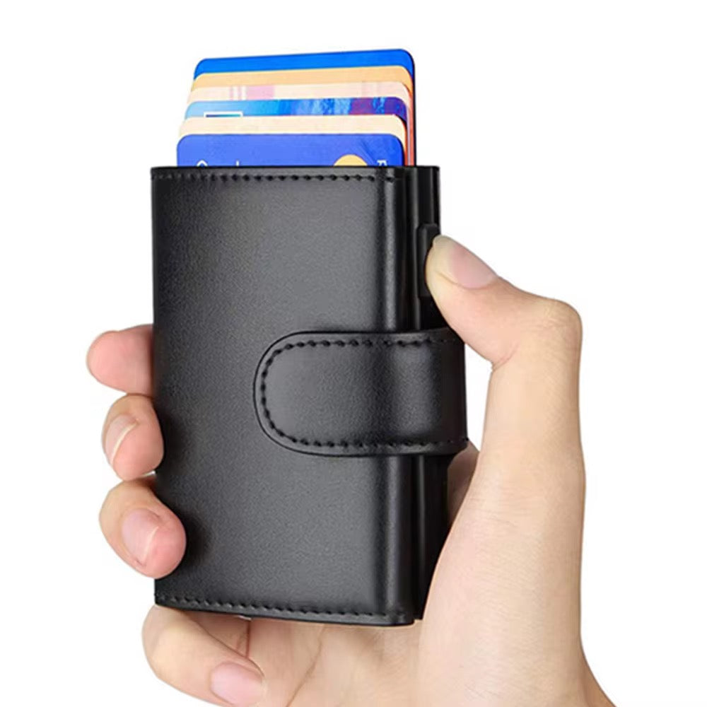 Slim Minimalist Leather Card Case – Pop-Up Credit Card Holder with RFID Protection & Button Closure