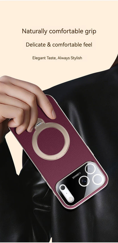 Premium Shockproof Leather iPhone Case with 360° Ring Stand – Strong Grip, Full Protection & Stylish Finish