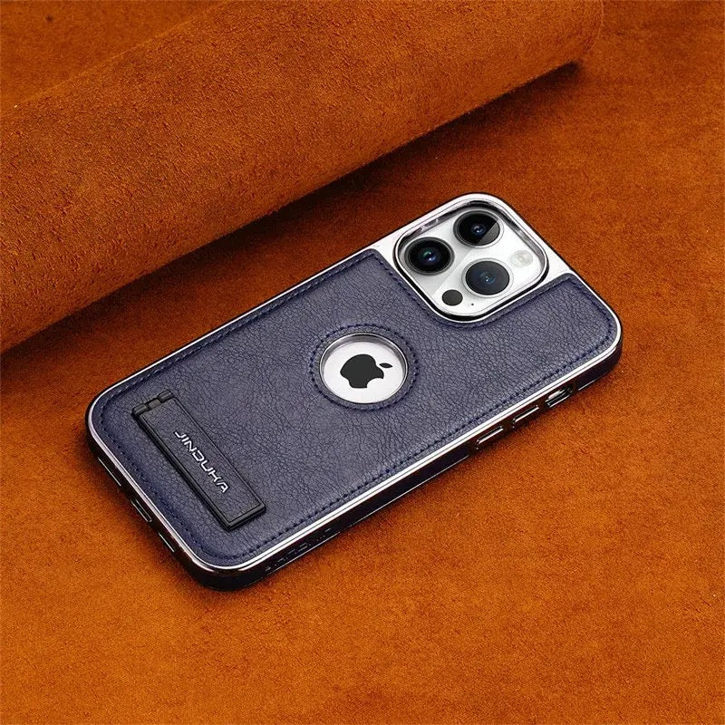 Luxury Leather Kickstand Phone Case for iPhone 16 15 14 13 12 11 Pro Max– Slim Metal Bumper Cover