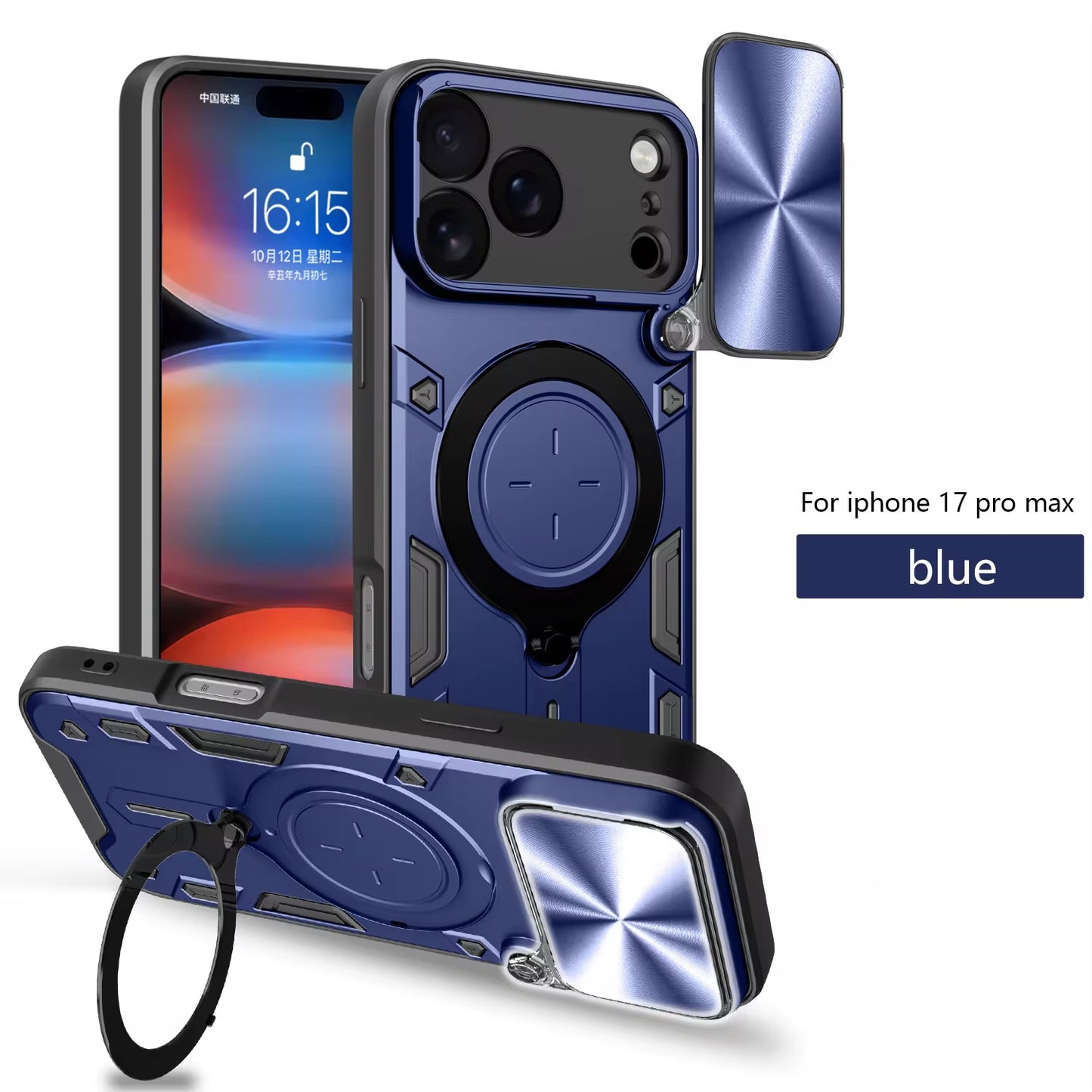 Magnetic Rugged iPhone Case with Camera Lens Cover & 360° Ring Stand
