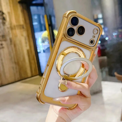 Transparent MagSafe iPhone Case with Stand – Shockproof Clear Cover iPhone 13–17 Pro Max | iphone 17 pro max clear case with stand | best clear magsafe case with stand | best iphone case with stand USA | premium clear iphone case | transparent iphone case with stand | 
magsafe case with kickstand | iphone case with stand magsafe | anti yellow clear magsafe case | Golden Color Iphone 17 Pro Max Cover