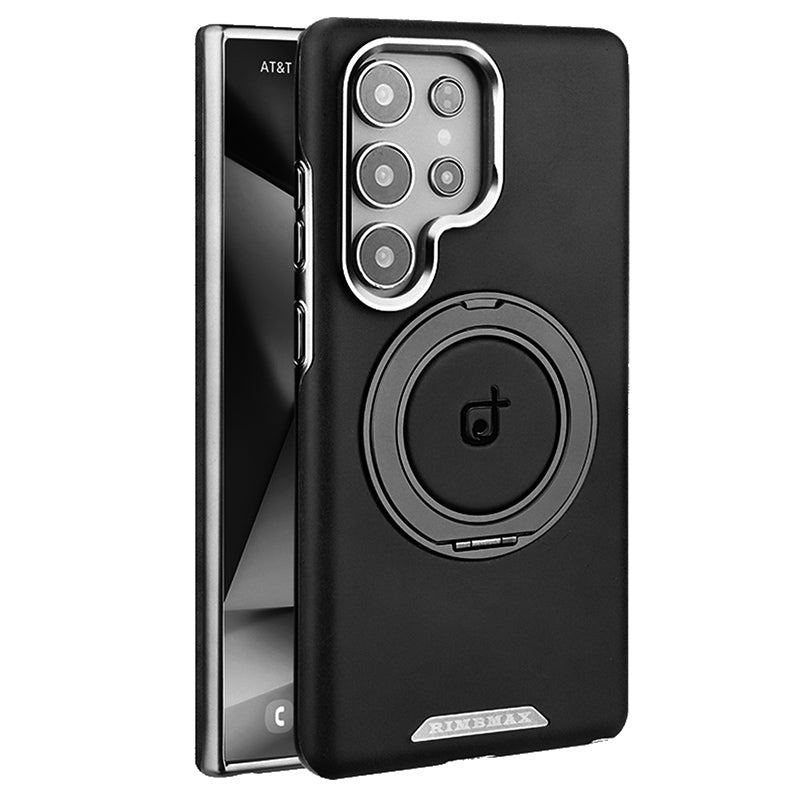 Black phone case with ring holder on a white background