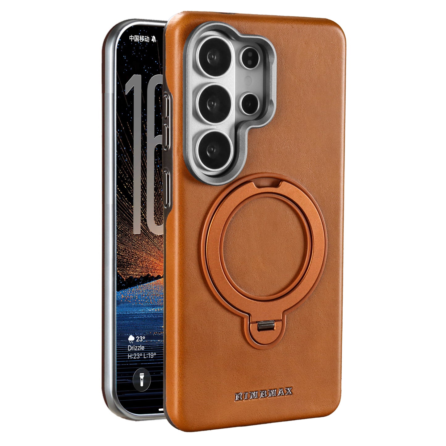 Leather MagSafe Case with Built-in Foldable Ring Stand & Metallic Camera Guard for Samsung Galaxies