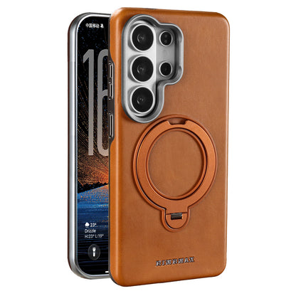 Leather MagSafe Case with Built-in Foldable Ring Stand & Metallic Camera Guard for Samsung Galaxies
