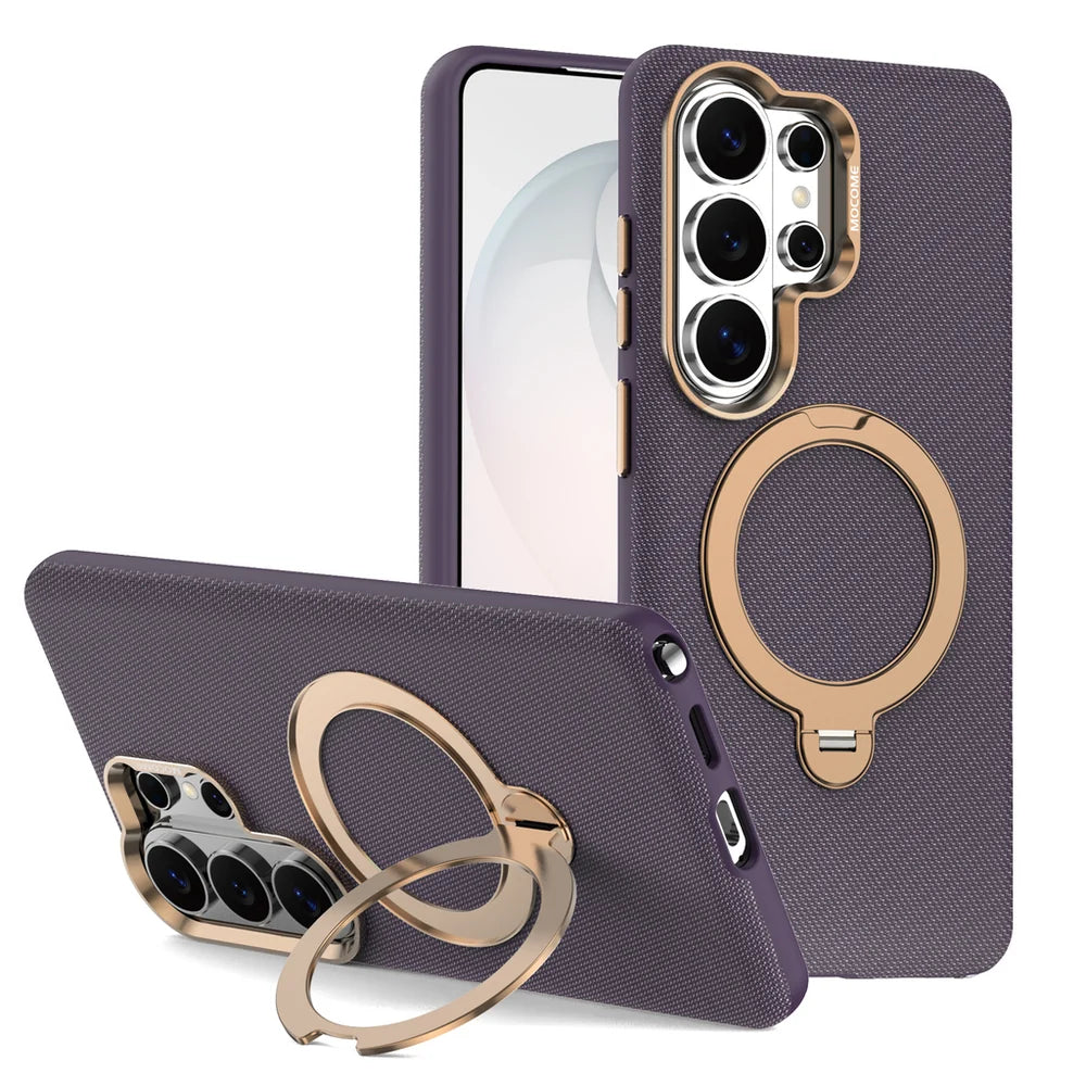 Luxury Textured Leather Magnetic Kickstand Case for Samsung Galaxies series — Built-in 360° Rotating Ring Stand & Metallic Camera Lens Guard