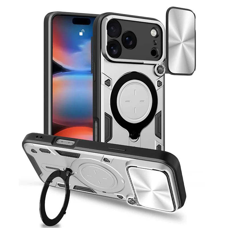 Magnetic Rugged iPhone Case with Camera Lens Cover & 360° Ring Stand
