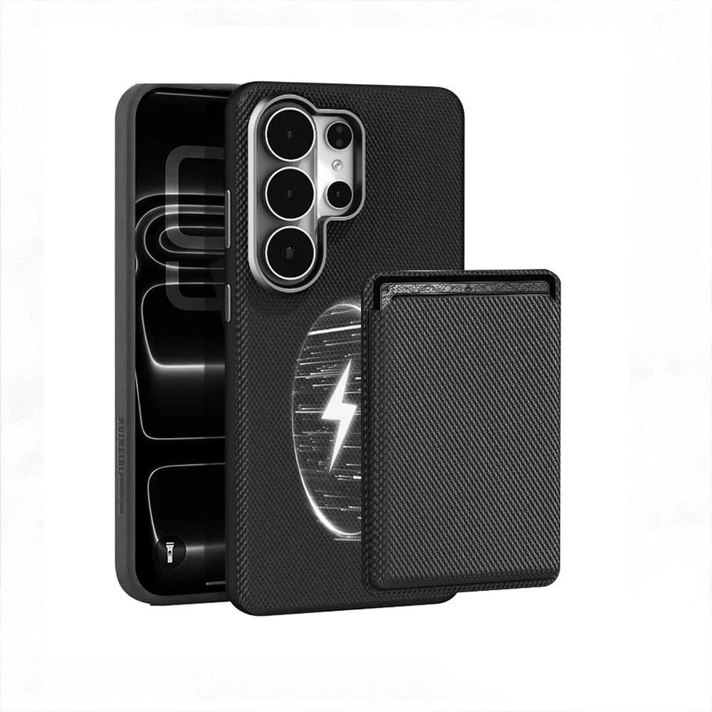 Étui magnétique de luxe en cuir texturé avec portefeuille amovible pour Samsung Galaxy — Protection métallique pour objectif d'appareil photo