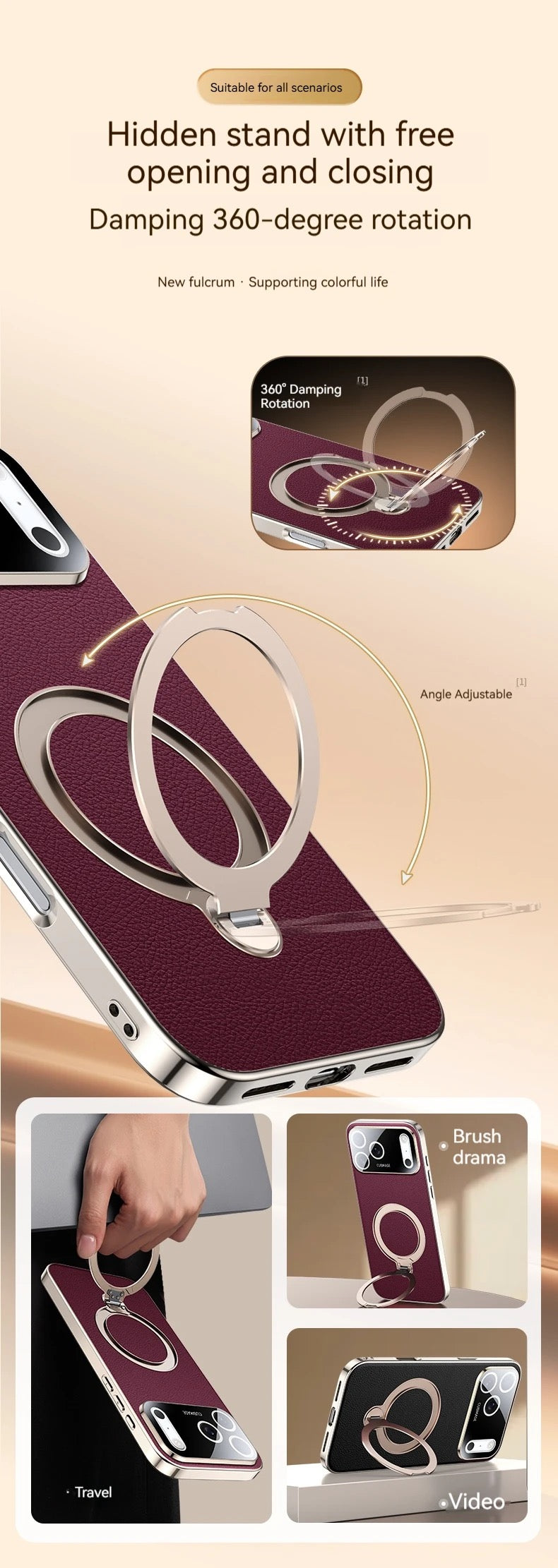 Premium Shockproof Leather iPhone Case with 360° Ring Stand – Strong Grip, Full Protection & Stylish Finish