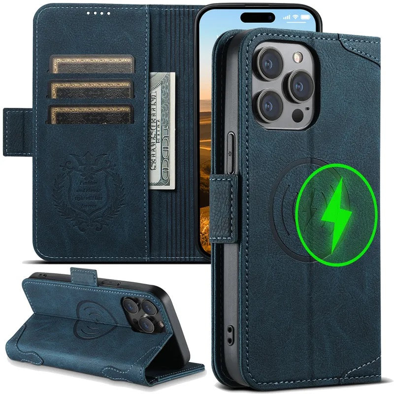 Luxury Vintage Leather Wallet Case for iPhone - MagSafe Compatible Wireless Charging, Card Holder Slots, Cash Pocket & Built-in Kickstand Cover