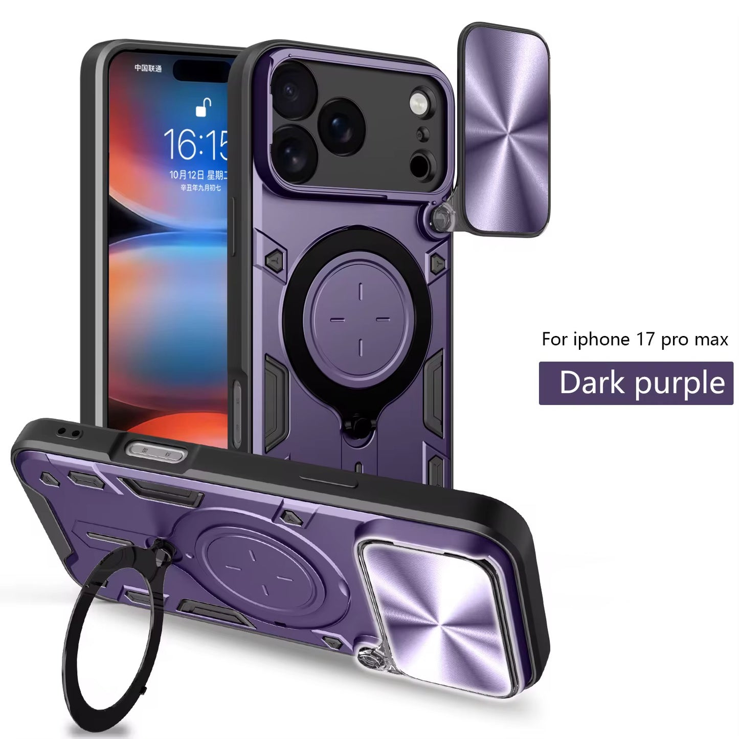 Magnetic Rugged iPhone Case with Camera Lens Cover & 360° Ring Stand