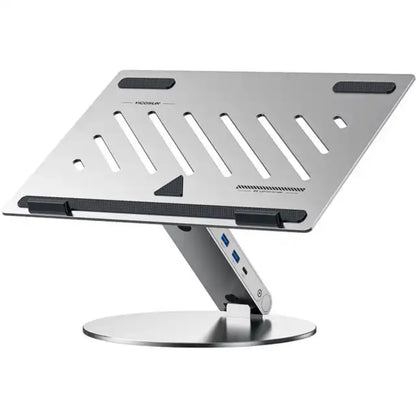 6-in-1 aluminum laptop stand with USB hub, 360-degree rotation, adjustable height, and heat dissipation for MacBook and PCs