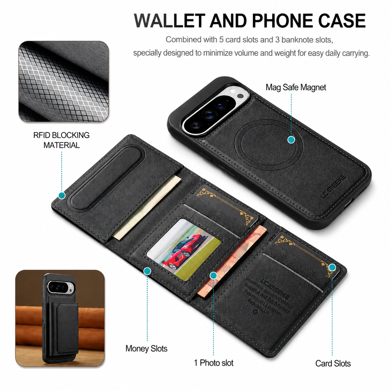 Leather Magnetic Wallet Case with Detachable Card Holder