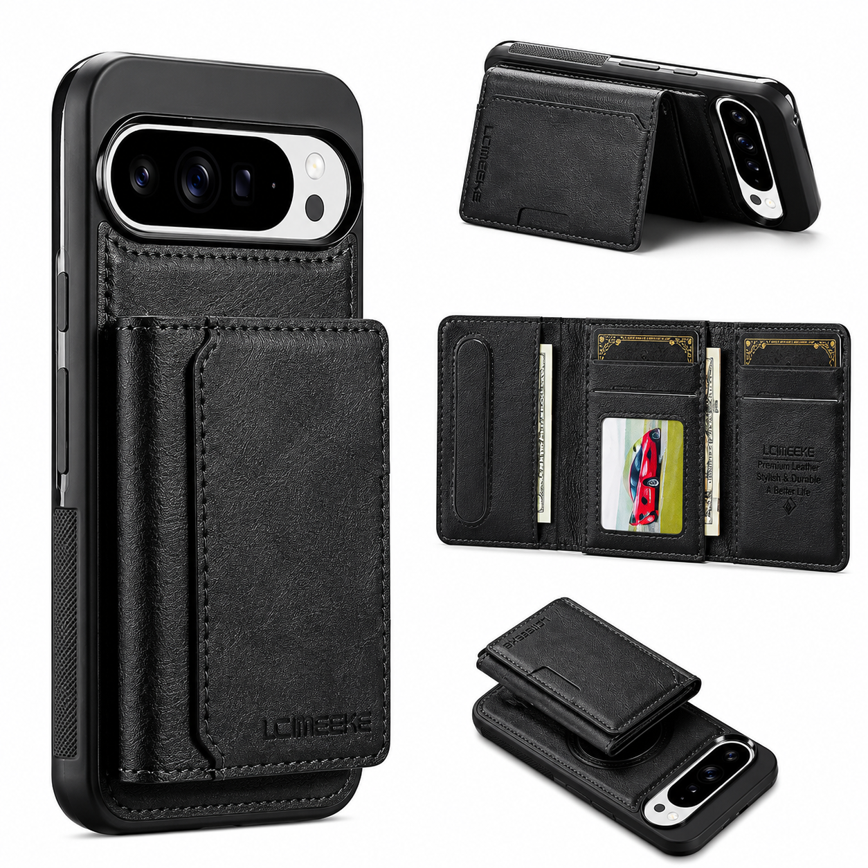 Leather Magnetic Wallet Case with Detachable Card Holder