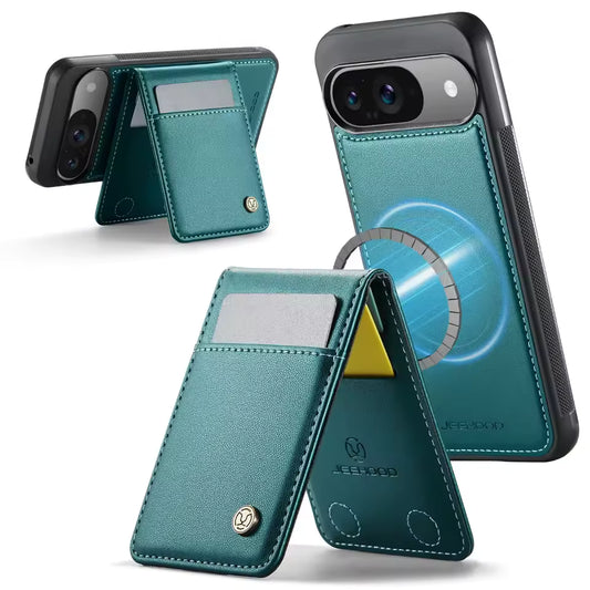 Teal green foldable wallet phone case shown in multiple angles, featuring card slots, a snap-button closure, and a built-in phone camera cutout, on a clean white background.
