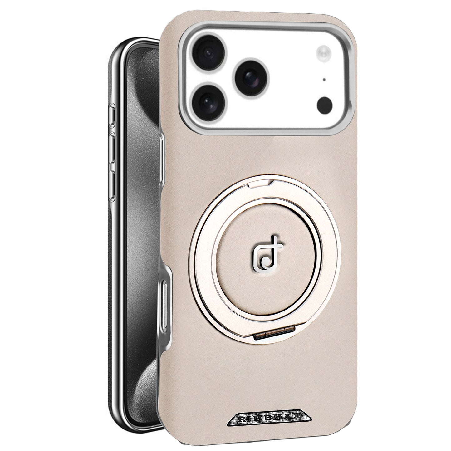 Beige phone case with a circular design and 'RIMMAX' branding on a white background